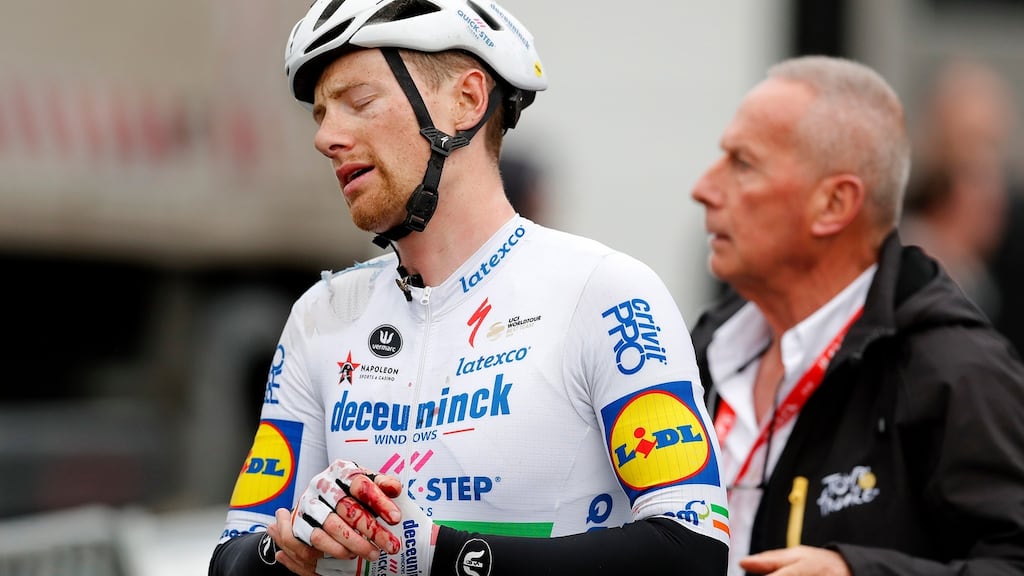 Injured Irish rider Sam Bennett after crossing the finish line during the third stage of the Paris-Nice race. Photograph: EPA/Sebastien Nogier