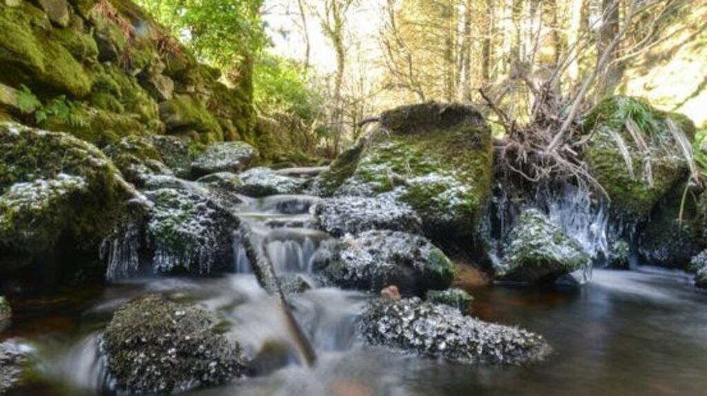 A file image showing frost and ice at vthe Glencree river in Glencree, Co Wicklow. Christmas Day will start cold, frosty, and bright before becoming cloudier. Photograph: Getty Images