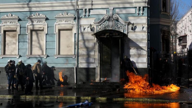 Protesters take over the main office of the ruling Ukrainian ‘Party of Regions’ political party in downtown Kiev today. Photograph: EPA/OLEG PETRASYUK