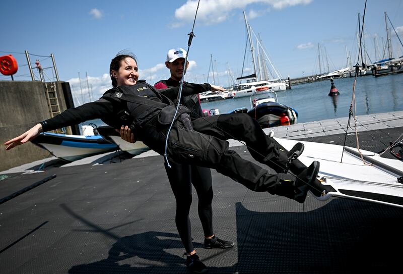 Pictured at an event to mark the renewal of Flogas Ireland’s official partnership with Team Ireland are Irish Times journalist Muireann Duffy and Irish Olympic sailor Robert Dickson in Dún Laoghaire, Photograph: Seb Daly/Sportsfile