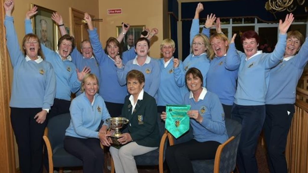 The Killymoon team celebrate after winning their first All-Ireland Pennant at the Revive Active Fourball finals at Royal Tara. Photo: Pat Cashman