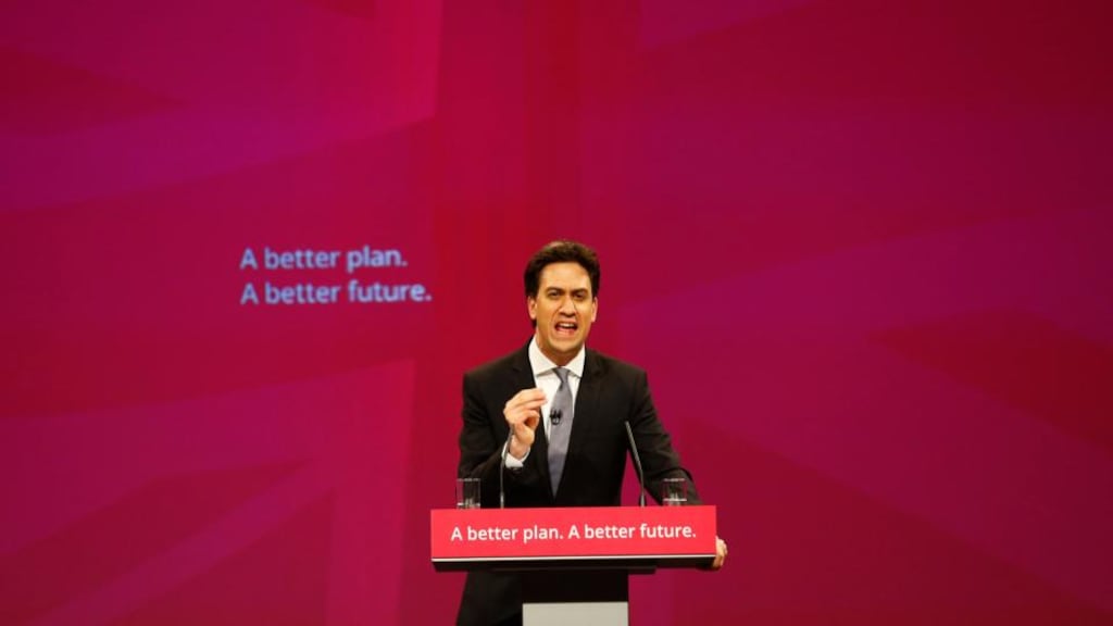 Britain’s opposition Labour Party leader Ed Milliband speaks during Labour’s spring rally in Birmingham, central England. In a full-page advert in the Financial Times newspaper Labour warns the threat of a British exit from the EU is “the biggest risk to British business”. Photograph: Darren Staples/Reuters