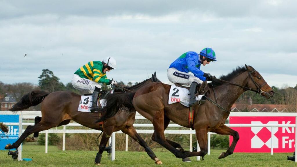 Ruby Walsh and Hurricane Fly go ahead of Jezki and Tony McCoy on the way to winning the  BHP Insurances Irish Champion Hurdle  at Leopardstown. Photograph:  Morgan Treacy/Inpho