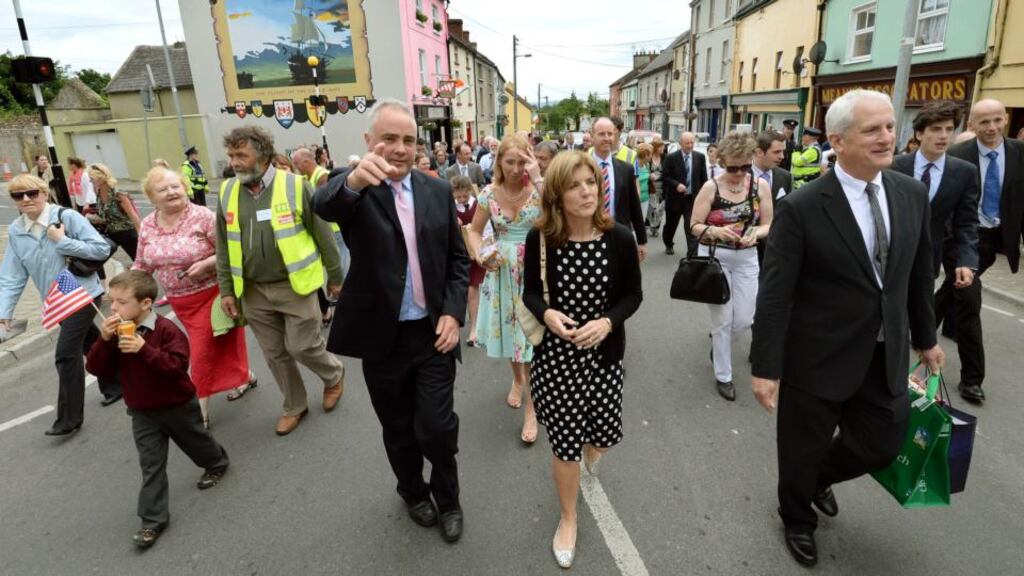 Caroline Kennedy, daughter of former US president John Fitzgerald Kennedy, with her husband, Edwin Schlossberg (right), walking through Bruff, Co Limerick, where they traced the Fitzgerald side of her father’s family. Photograph: Brenda Fitzsimons
