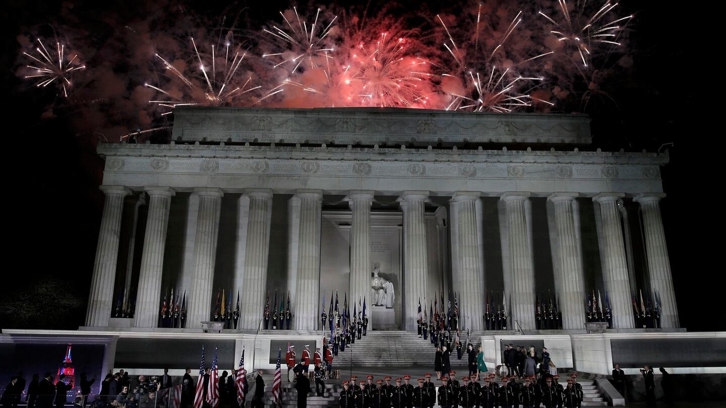 Fireworks explode during the ‘Make America Great Again! Welcome Celebration’ at the Lincoln Memorial in Washington. Photograph: Mike Segar/Reuters