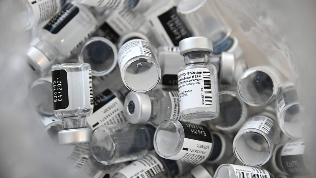 Used vials of the Pfizer-BioNTech Covid-19 vaccine. File photograph: Sebastien Bozon/AFP/Getty
