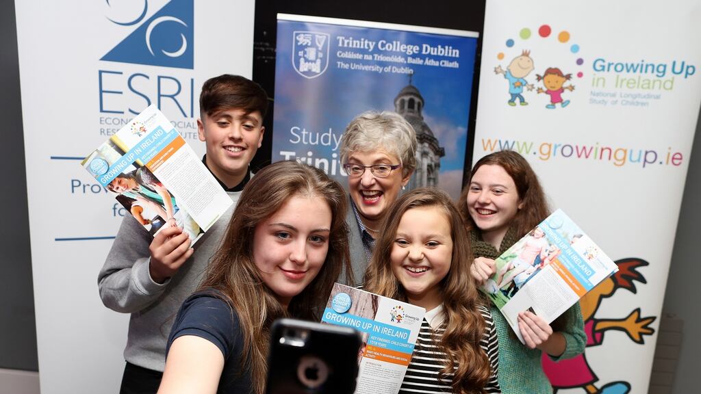 (Left to right ) Kevin Staunton, Kate Quinn, Minister for Children Katherine Zappone, Carrie Staunton and Laura Egan at the launch of the ESRI’s Growing up in Ireland study at Croke Park in Dublin. Photograph: Maxwells.