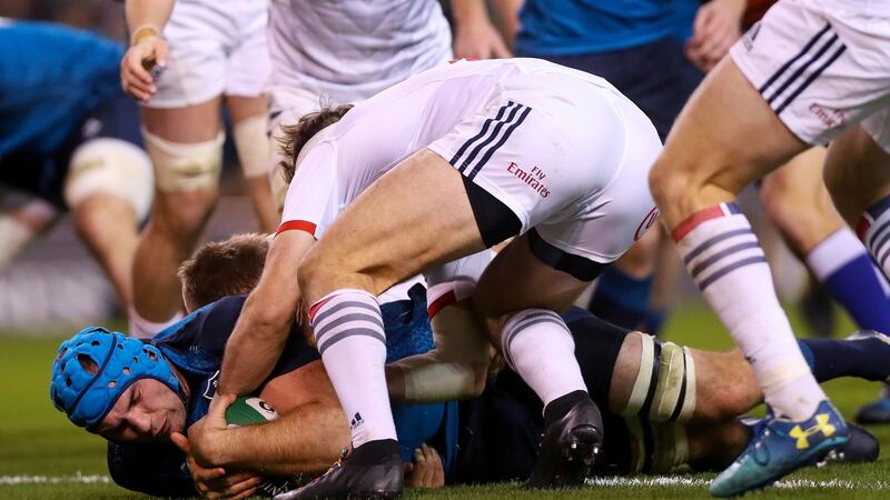 Ireland’s Tadhg Beirne scores a try during the autumn international against the USA at the Aviva stadium. Photograph: Tommy Dickson/Inpho