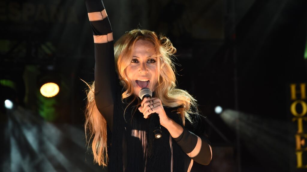 Marta Sanchez, one of Spain’s best-known singers, sang the national anthem using her own lyrics. Photograph: Europa Press/Europa Press via Getty Images