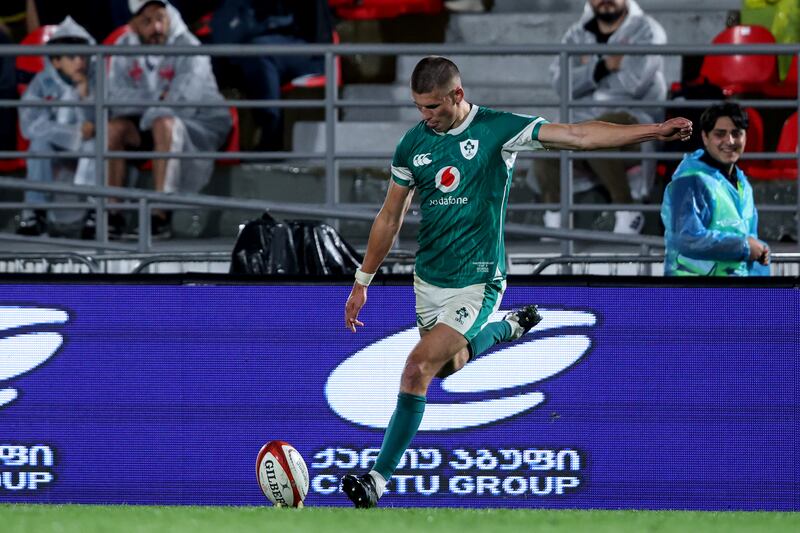 Ireland's Sam Prendergast kicks against Georgia at the Mikheil Meshki Stadium, Tbilisi. Photograph: Ben Brady/Inpho