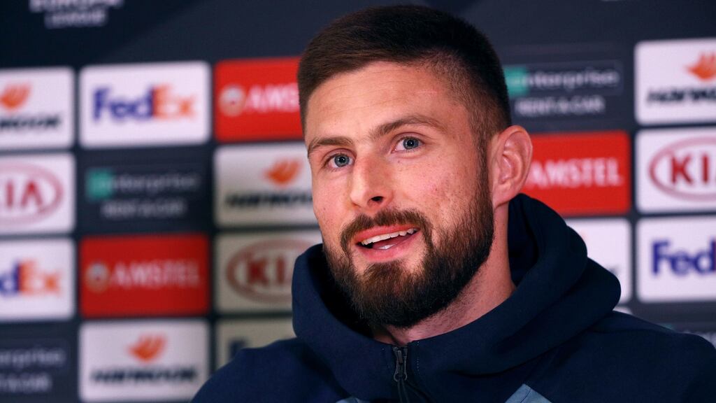 Chelsea’s Olivier Giroud during a press conference at Stamford Bridge. Photograph: Ian Walton/PA Wire
