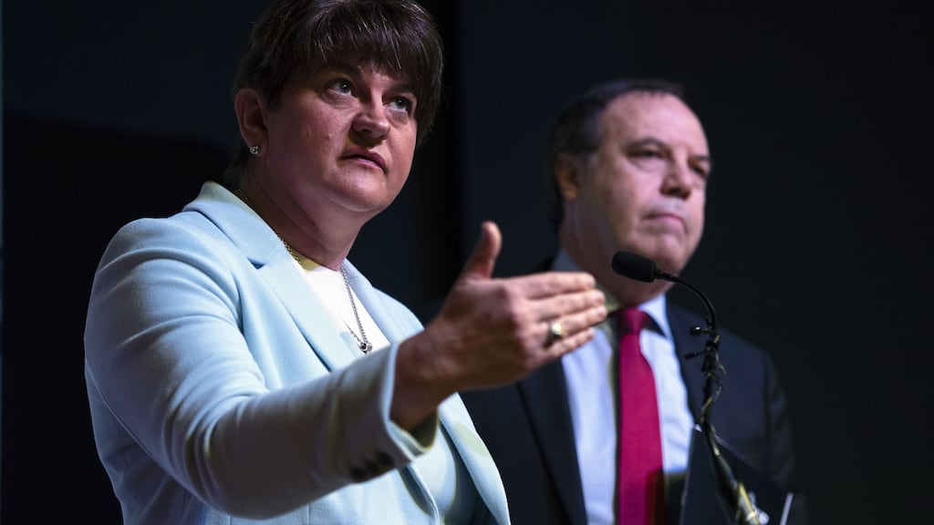 DUP leader Arlene Foster with deputy leader Nigel Dodds at the launch of the party’s manifesto in Belfast. The party’s MP Paul Girvan should have enough to hold on to his seat in South Antrim. File photograph: Charles McQuillan/Getty Images