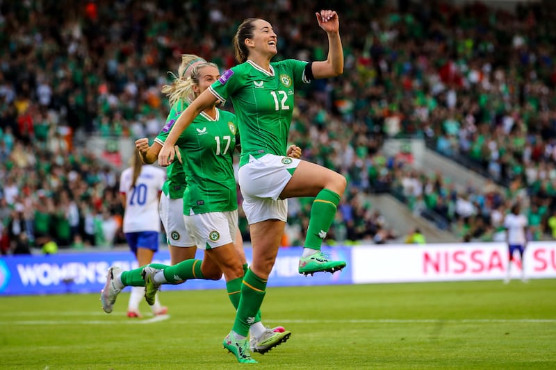 Anna Patten celebrates scoring for Ireland against France in Cork last year. Photograph: Inpho