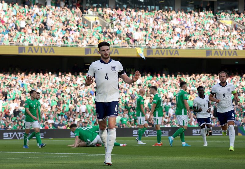 Declan Rice decided not to celebrate openly after opening the scoring for England against Ireland at the Aviva Stadium. Photograph: Evan Treacy/PA Wire