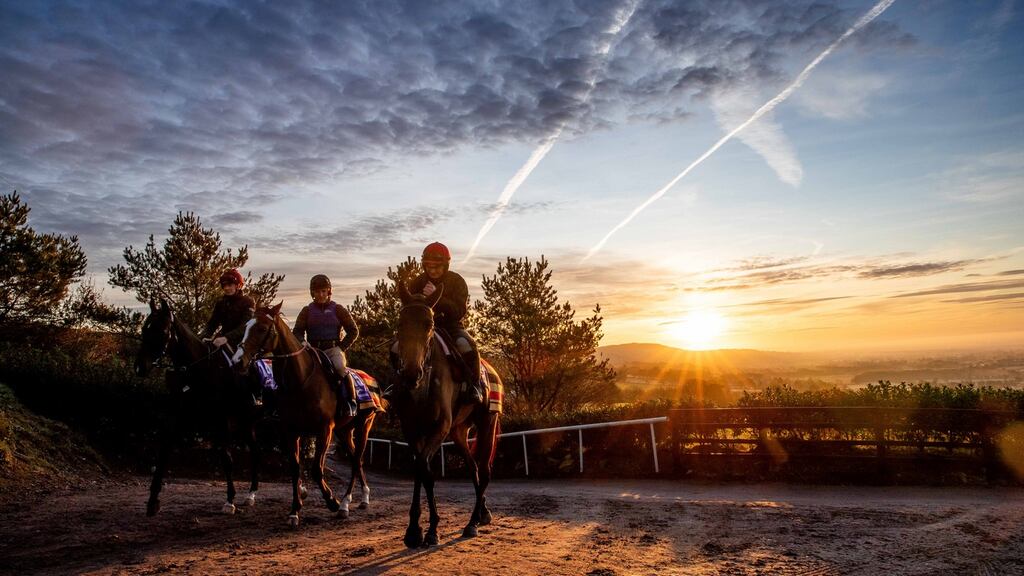 Hugh Horgan on Darasso, Alan Dobbs on Rhinestone and Tom Hamilton on Fakir D’Oudaries at Joseph O’Brien’s yard in Owning, Co Kilkenny. Photograph: Morgan Treacy/Inpho