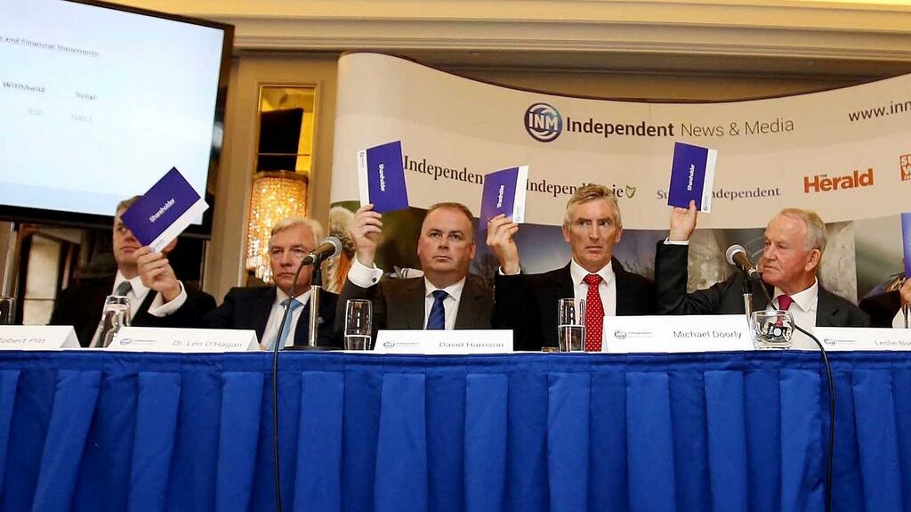 INM chief executive Robert Pitt (far left, obscured) fails to vote for Leslie Buckley (far right) as chairman of the company at its AGM in Dublin. Photograph: Sam Boal/Rollingnews.ie