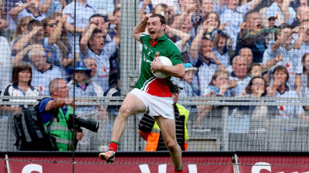 Mayo's Keith Higgins celebrates at the final whistle of last year’s semi-final. Photograph: James Crombie/Inpho