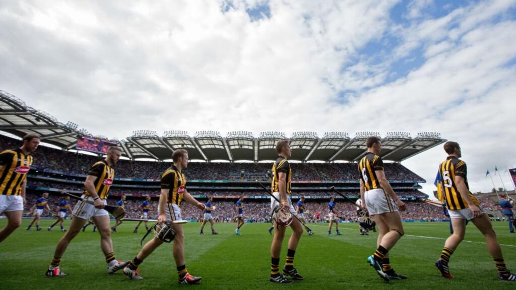 Tipperary and Kilkenny parade before the drawn All-Ireland hurling final at Croke Park. Photograph: Inpho