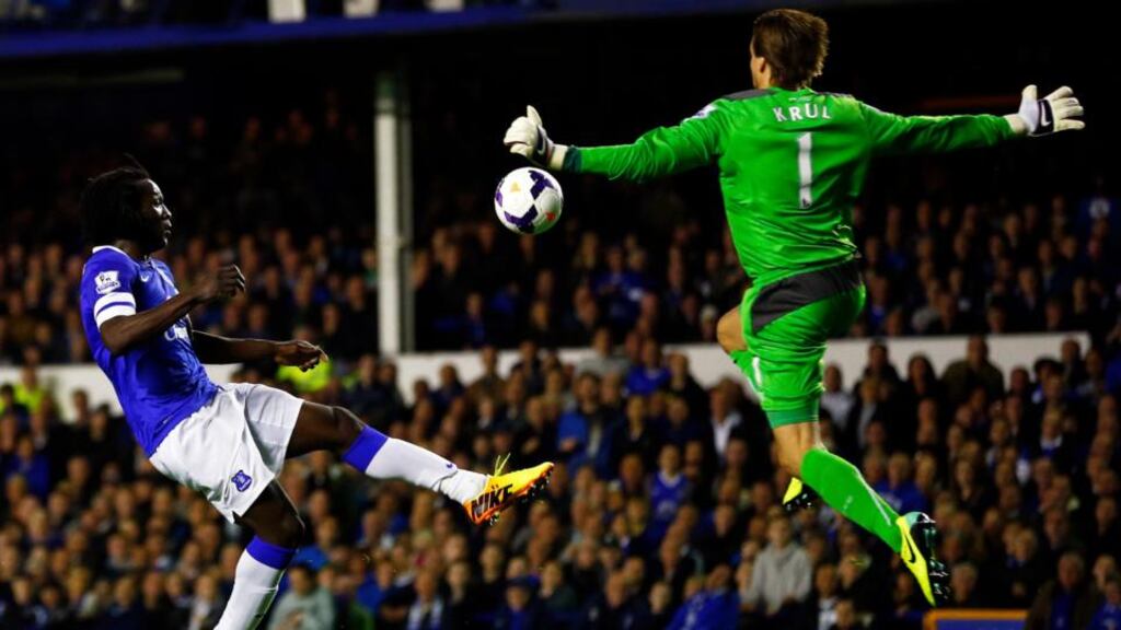 Everton’s Romelu Lukaku goes around Newcastle United’s Tim Krul to score his second goal at Goodison Park. Photograph: Darren Staples/Reuters