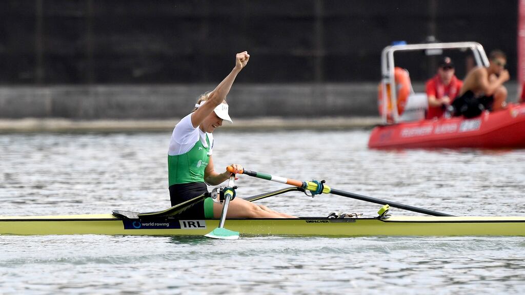 Sanita Puspure celebrates after winning at the World Rowing Championships. Photo: Detlev Seyb/Inpho