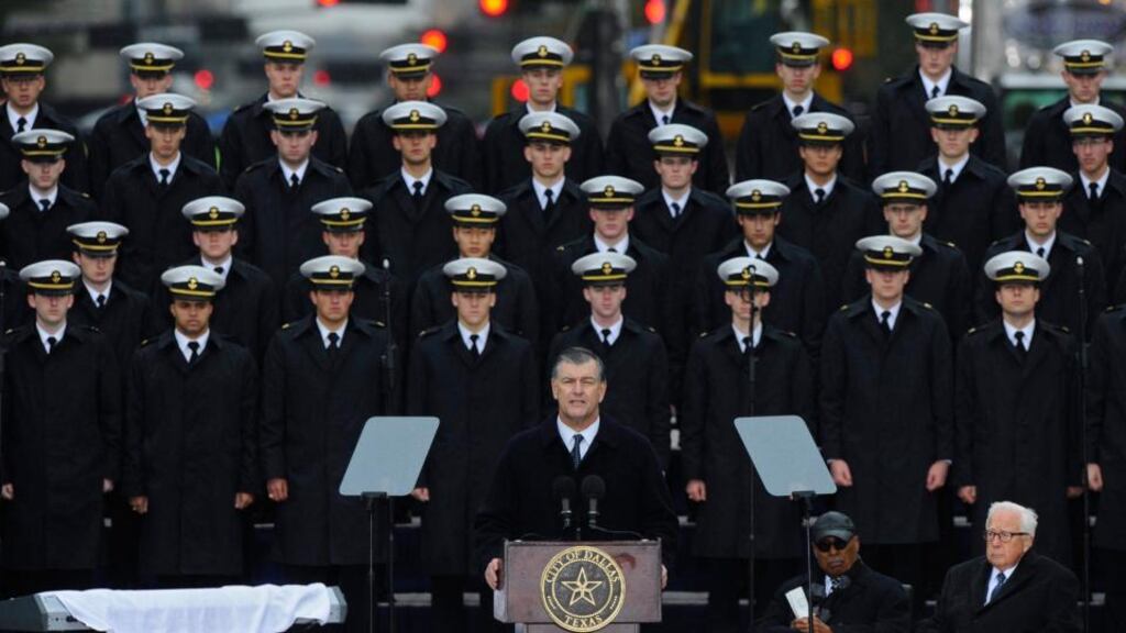 In a moving speech at Dealey Plaza, Dallas, yesterday, Dallas mayor Mike Rawlings spoke of John F Kennedy’s legacy. Photograph: Larry W Smith/EPA