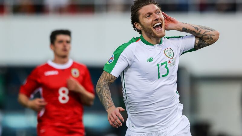 Republic of Ireland’s Jeff Hendrick celebrates scoring against Gibraltar in the Euro 2020 qualifier at Victoria Stadium, Gibraltar. Photograph:Ryan Byrne/Inpho