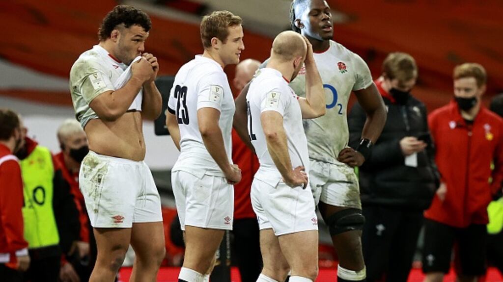 Ellis Genge, Max Malins, Dan Robson and Maro Itoje following England’s defeat to Wales. Photograph: Getty Images