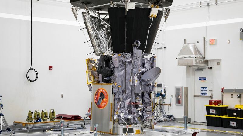 The Parker Solar Probe in a clean room at Astrotech Space Operations in Titusville, Florida, after the installation of its heat shield. Photograph: Ed Whitman/Johns Hopkins APL/NASA via AP.