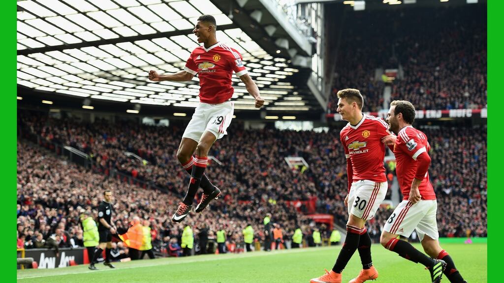 Marcus Rashford of Manchester United celebrates scoring his first goal against Arsenal last weekend. Photograph: Getty.