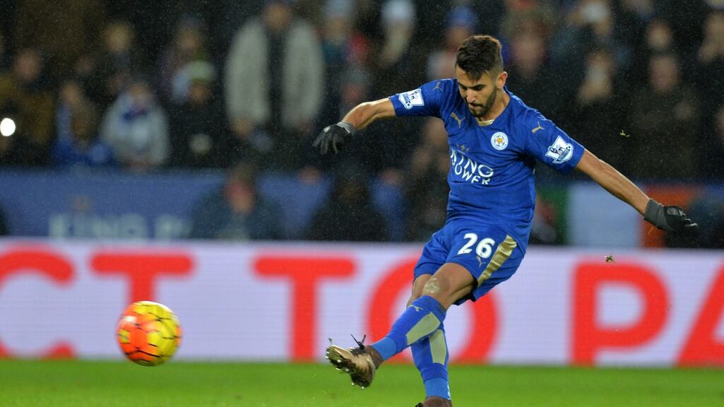 Leicester City’s Riyad Mahrez: had his penalty attempt saved by Bournemouth goalkeeper Artur Boruc. Photograph: Nigel French/PA