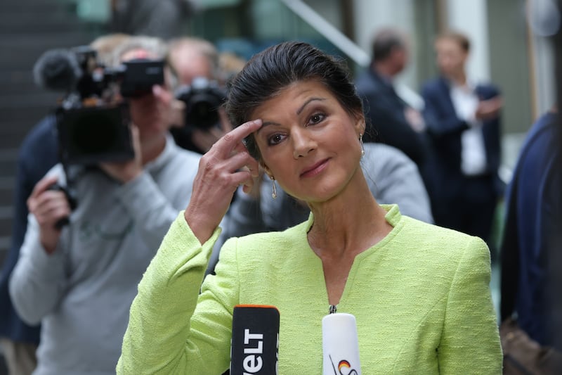 Sahra Wagenknecht giving a television interview in Berlin after presenting her BSW (Buendnis Sahra Wagenknecht) political alliance to the media on October 23rd, 2023. Photograph: Sean Gallup/Getty Images