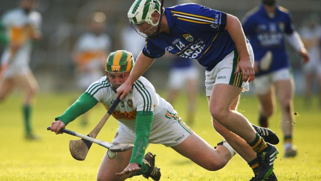 Offaly’s Ger Healion battles with Pádraig Boyle of Kerry during the Allianz Hurling League Division 1B/2A Relegation/Promotion play-off at Semple Stadium. Photo: Cathal Noonan/Inpho