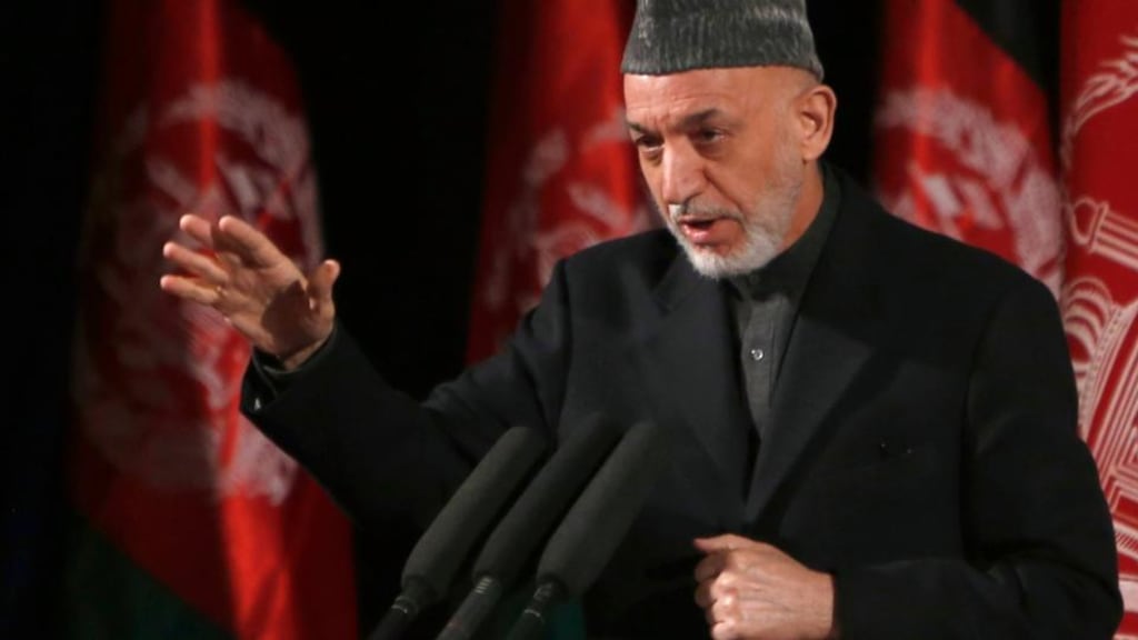 Afghan president Hamid Karzai delivers a speech during an event to mark International Women’s Day in Kabul earlier this month. Photograph: Mohammad Ismail/Reuters