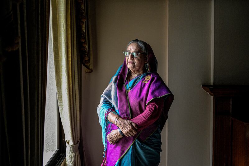 Sheikh Hasina, the prime minister of Bangladesh who on Monday resigned and fled the country, according to the head of the army, in her office in Dhaka in June 2023. Photograph: Atul Loke/The New York Times