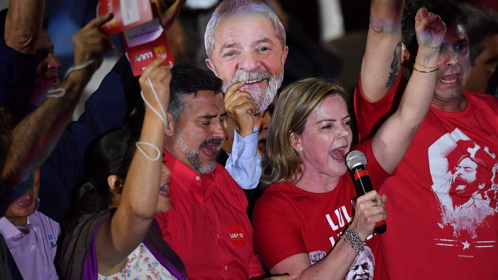 Brazilian senator and president of the Workers’ Party Gleisi Hoffmann addresses the party's national convention in Sao Paulo. Photograph: Getty Images