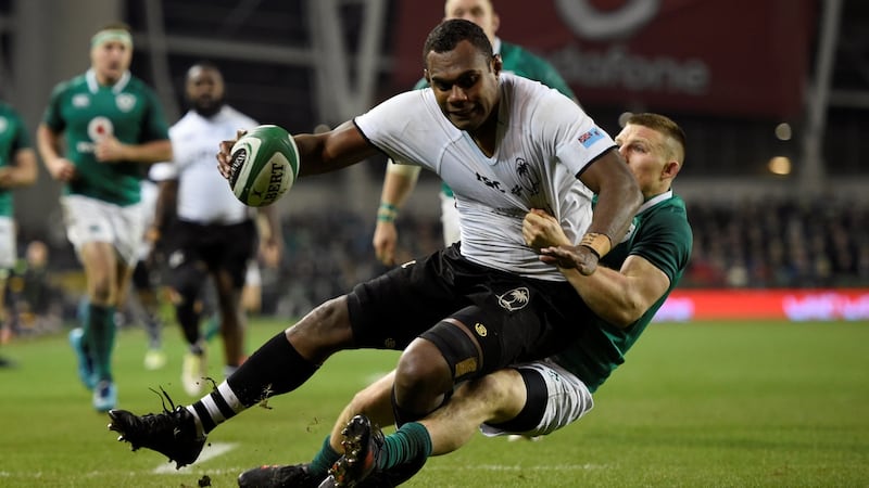 Ireland’s Andrew Conway tackles Fiji’s Leone Nakarawa at the Aviva stadium. Photograph: Clodagh Kilcoyne/Reuters