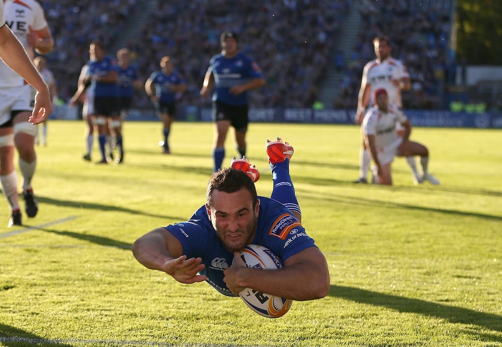 Dave Kearney goes airborne to score Leinster’s second try during the RaboDirect Pro12 game against Ospreys at the RDS. Photograph: Dan Sheridan/Inpho