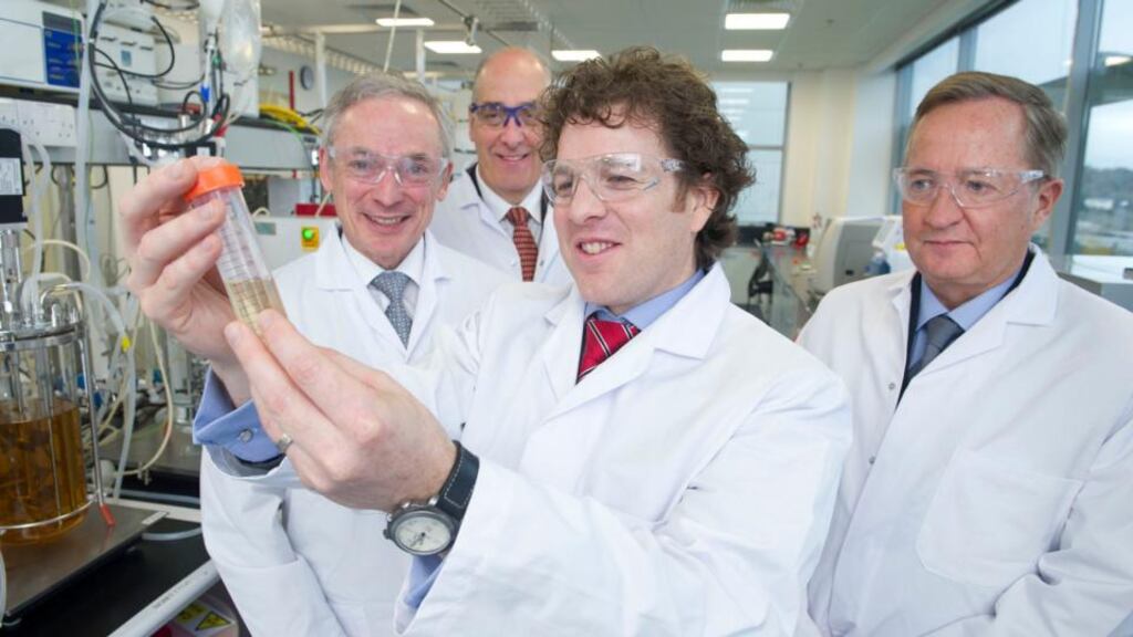 Michael O’Donnell, site director BioMarin Manufacturing Ireland Ltd, at the official opening of its Shanbally plant yesterday with (from left) Minister for Jobs, Enterprise and Investment Richard Bruton, BioMarin  executive vice-president of technical operations Dr Robert Baffi and Jean-Jacque Bienaime,  CEO BioMarin. Photography  Gerard McCarthy