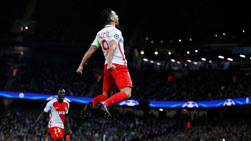 Monaco’s Radamel Falcao celebrates scoring their first goal during the Uefa Champions League round of 16 first-leg against Manchester City at Etihad Stadium. Photograph: Phil Noble/Reuters/Livepic