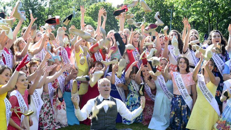Presenter Daithi O’Shea with the contestants in the 2016 Rose of Tralee. Photograph: Cyril Byrne/The Irish Times