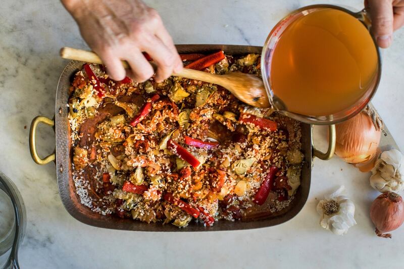 Yotam Ottolenghi’s baked paella. Photograph: Andrew Scrivani/New York Times
