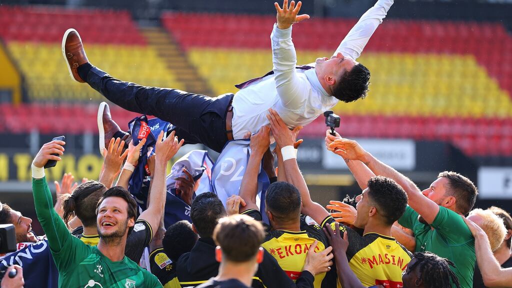 Watford manager Xisco Munoz is thrown into the air by his players after they beat Millwall to seal promotion. Photo: Richard Heathcote/Getty Images