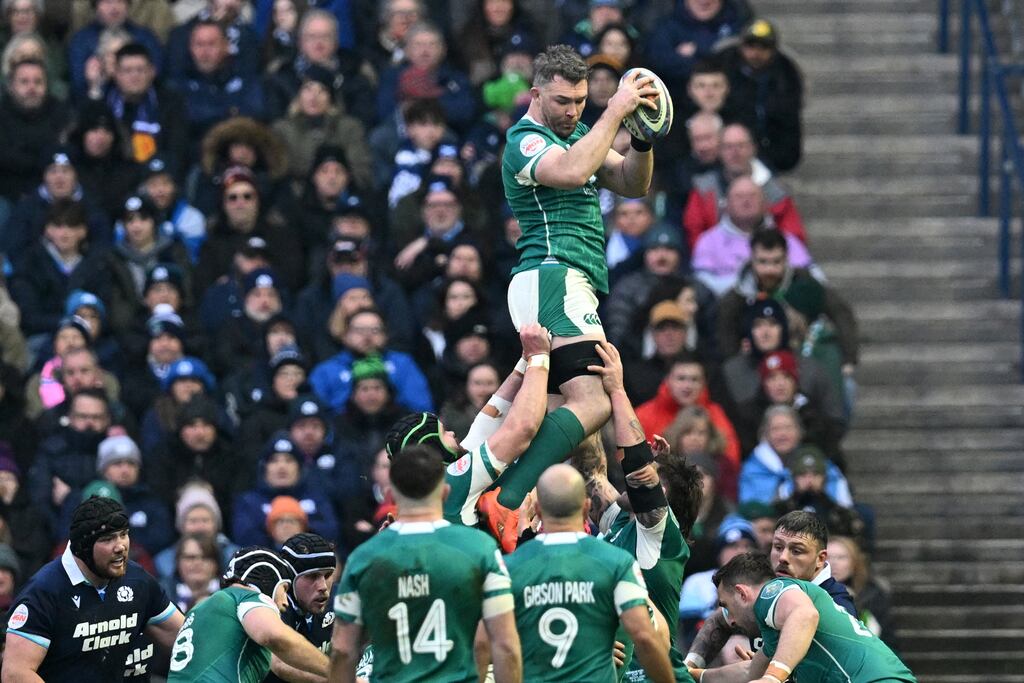 Peter O'Mahony rises high to claim a lineout in the victory over Scotland at Murrayfield. Photograph: Andy Buchanan/AFP/ via Getty Images