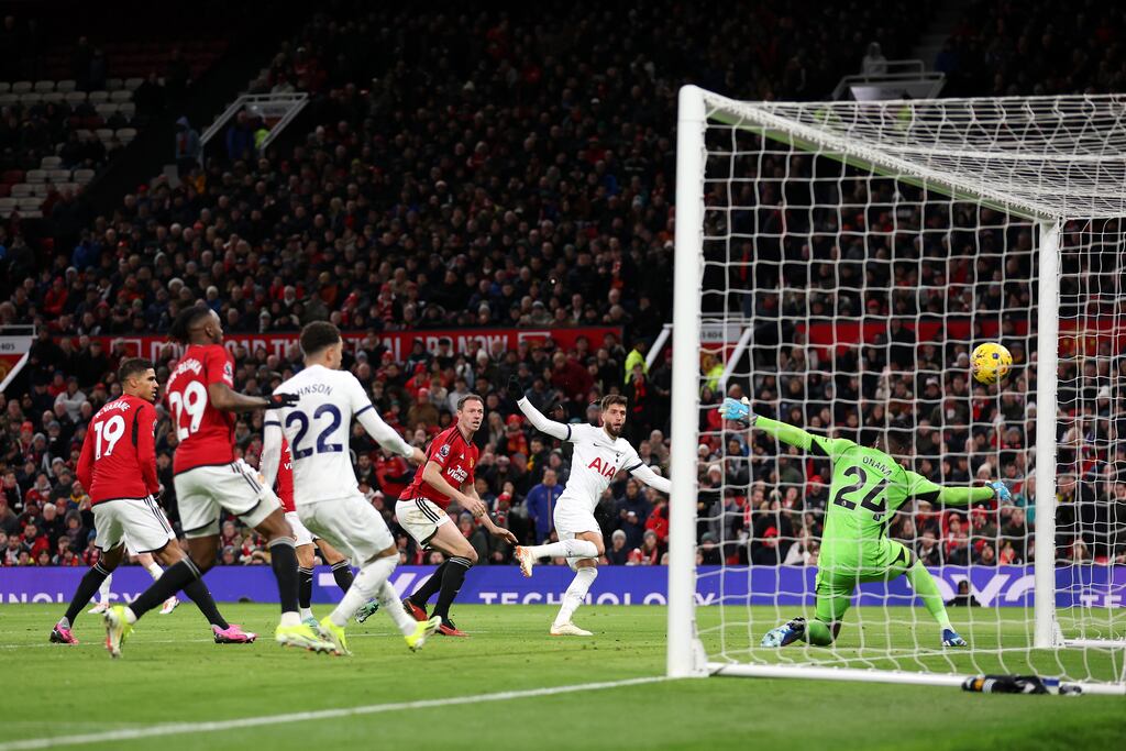 Rodrigo Bentancur scores Tottenham Hotspur's second goal during the Premier League match against Manchester United at Old Trafford. Photograph: Catherine Ivill/Getty Images