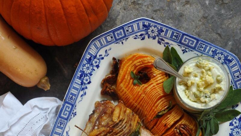 Hasselback squash with roast pork and Cashel blue