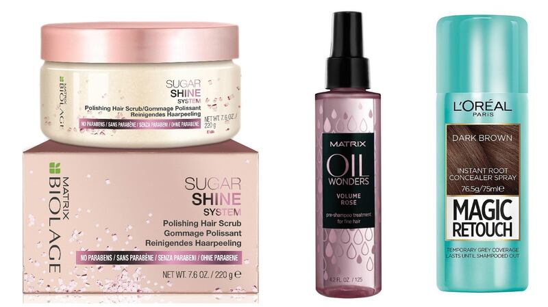 Matrix Biolage Sugarshine Polishing Scrub; Matrix Oil Wonders Volume Rose Pre-Shampoo Oil; L’Oréal Magic Retouch Instant Root Concealer