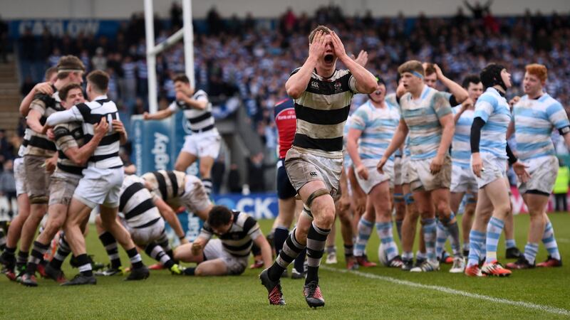 Belvedere College captain Max Kearney celebrates at the final whistle. Photograph: Stephen McCarthy/Sportsfile