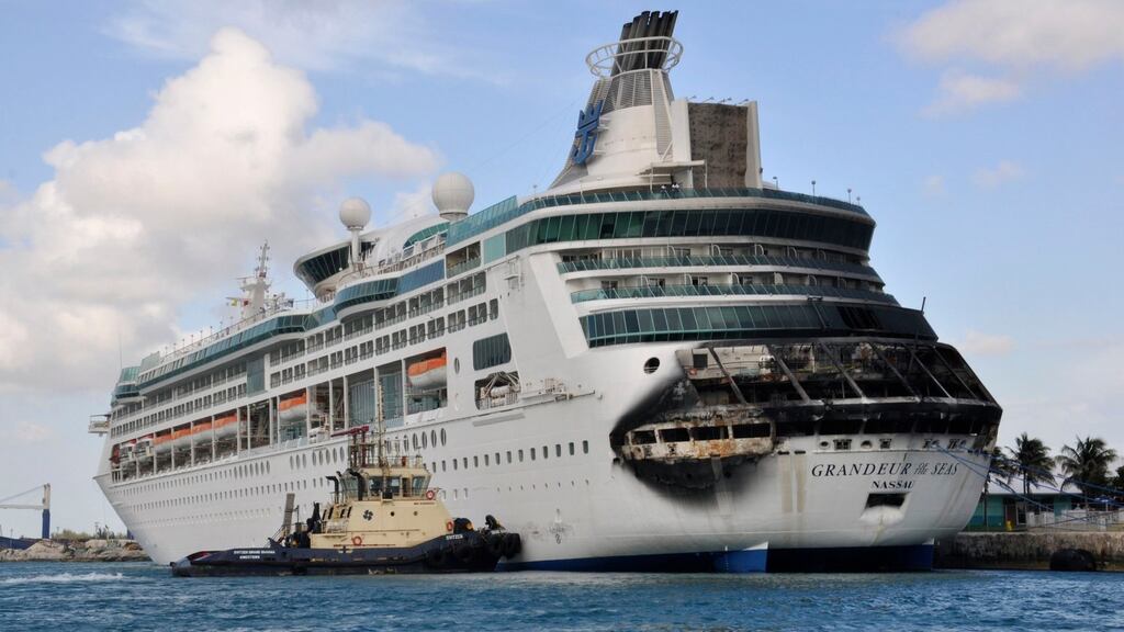 Damage on the Royal Caribbean ship Grandeur of the Seas is pictured as the ship is docked in Freeport, Bahamas. Photograph: Vandyke Hepburn/Reuters.