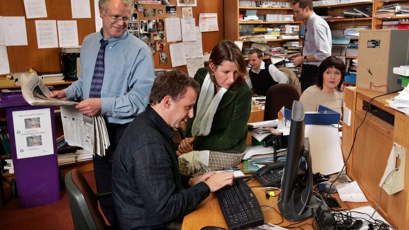 Celebrating 25 years of ‘Morning Ireland’ are, from left, Cathal Mac Coille, Niall Martin, Áine Lawlor, Ben Kelly, Will Goodbody and Cathy Murray. Photograph: Matt Kavanagh