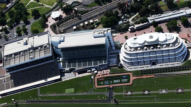 An overhead view of an empty Flemington Racecourse during the Melbourne Cup. Photograph: Jack Thomas/Getty